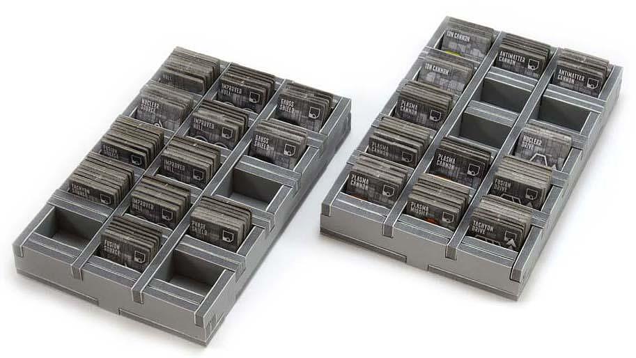 Folded Space organizer for Eclipse board game, gray plastic with stacked tokens
