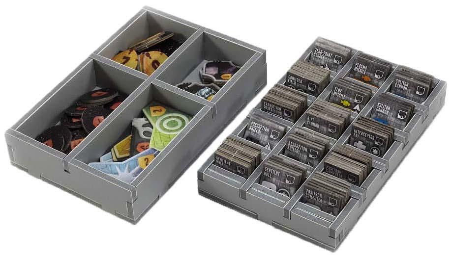 Folded Space organizer inserts for Eclipse expansions, shown loaded with game pieces and cards