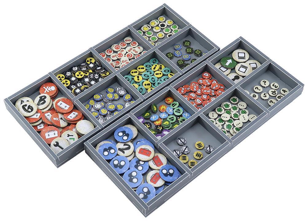 Folded Space insert organizer with miniatures and cards neatly stored for Fallout Wasteland Warfare
