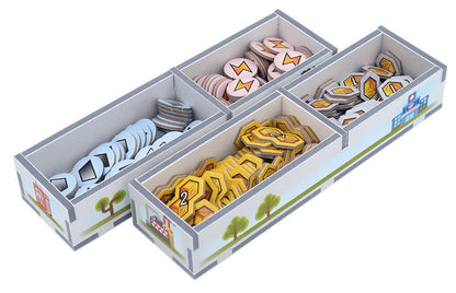 Close-up of Folded Space tray organizing cards and tokens from Fantastic Factories