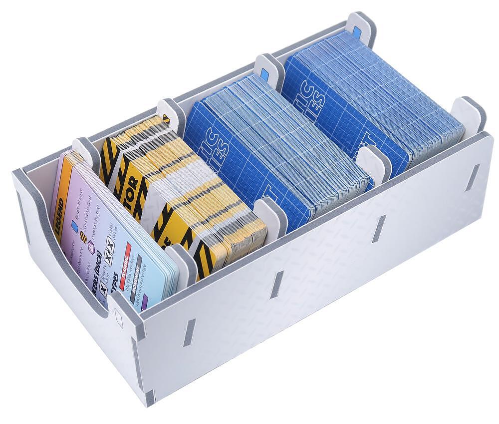 Overhead view of game box showing fully packed Folded Space insert for Fantastic Factories