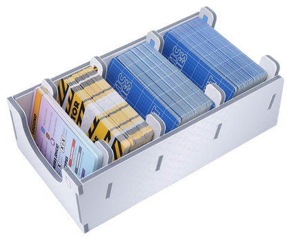 Overhead view of game box showing fully packed Folded Space insert for Fantastic Factories