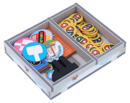 Folded Space insert compartments filled with Fantastic Factories game pieces