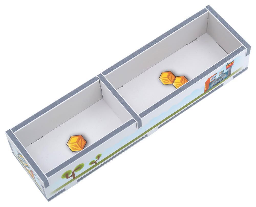 Fully organized Fantastic Factories box using Folded Space insert, components clearly visible