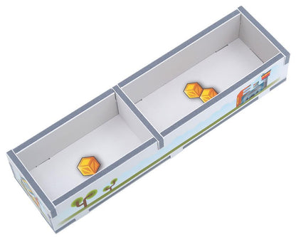 Fully organized Fantastic Factories box using Folded Space insert, components clearly visible