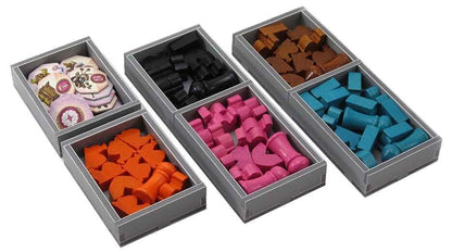 Open game box showing Folded Space insert filled with Five Tribes components