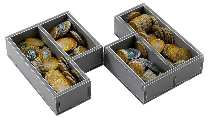 Folded Space insert trays arranged outside the Five Tribes game box