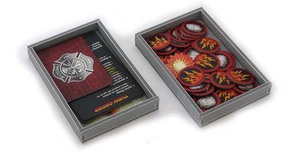 Folded Space organizer with divided compartments holding Flash Point Fire Rescue game parts