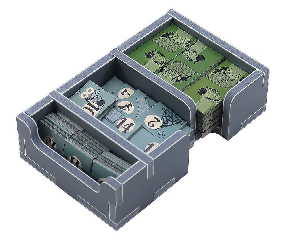 Side View of Folded Space Organizer Holding Cards and Tiles