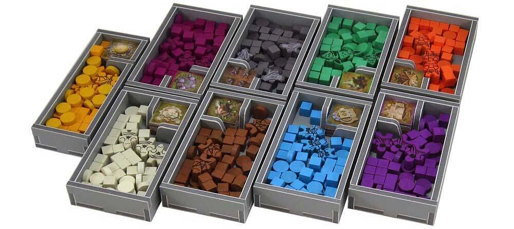 Folded Space insert trays filled with game components for Founders of Gloomhaven