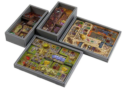 Top-down view of organized game components in Folded Space insert for Founders of Gloomhaven