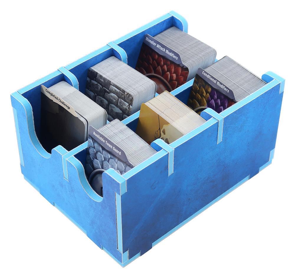 Folded Space Frosthaven game insert, blue foam organizer holding cards in compartments