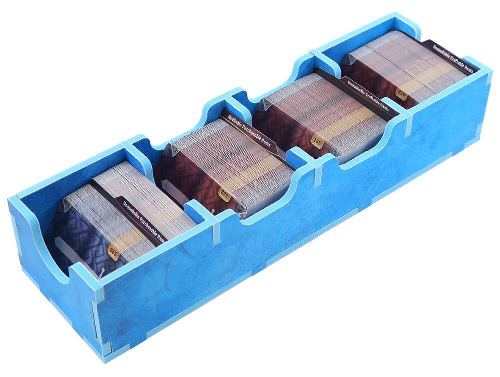Folded Space Frosthaven card organizer in blue foam with cards.