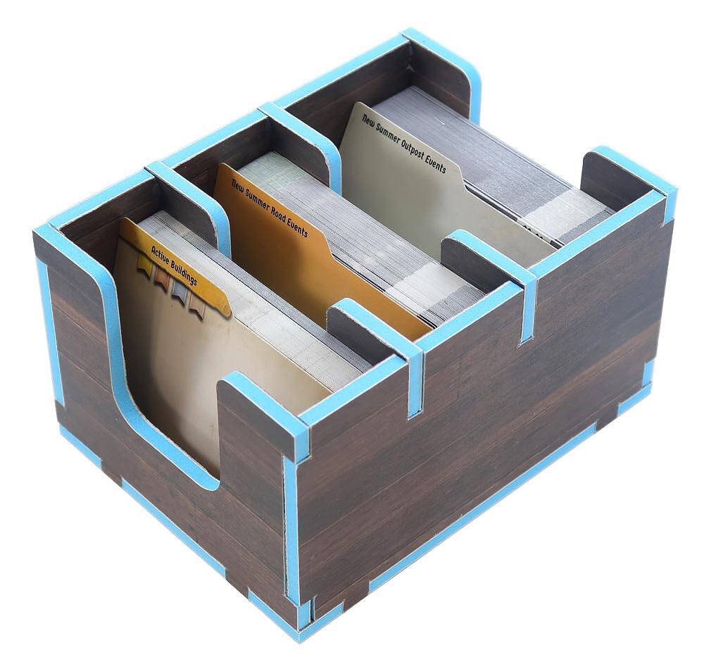 Folded Space Frosthaven game insert, dark wood print and blue trim, holding cards
