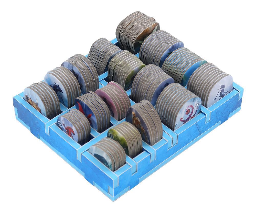 Folded Space Frosthaven insert with blue tray and stacked tokens