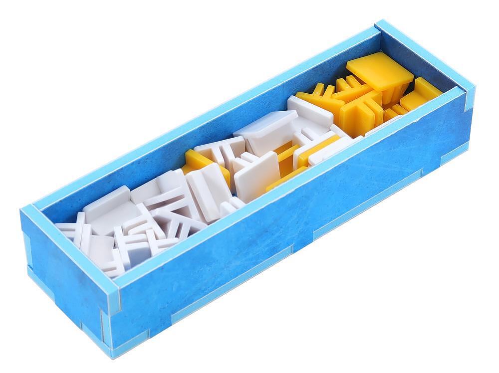 Folded Space Frosthaven game insert, blue box holding white and yellow plastic organizers