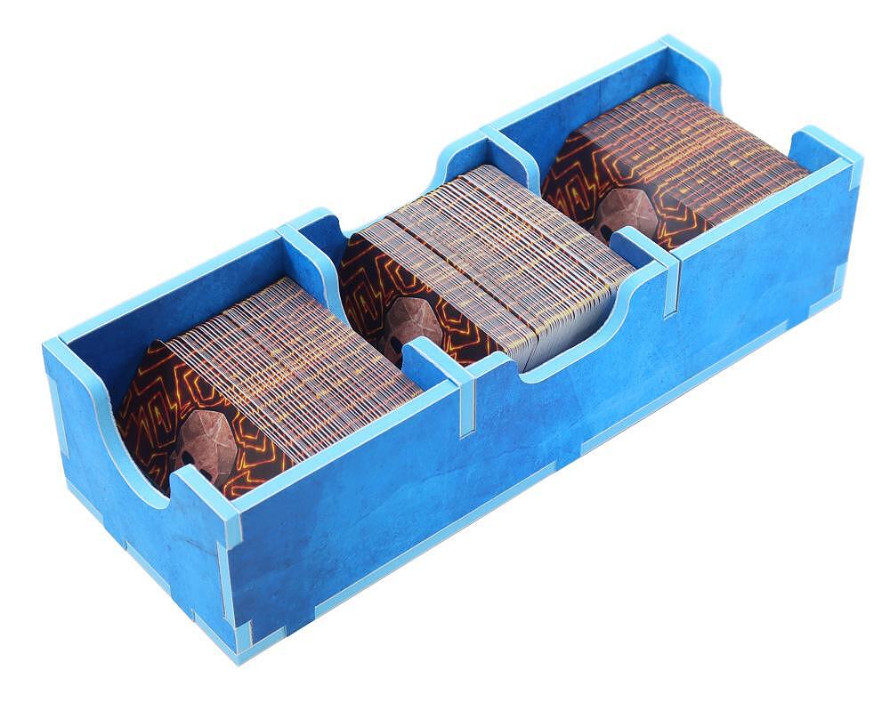 Folded Space blue cardboard insert for Frosthaven game with stacked cards inside