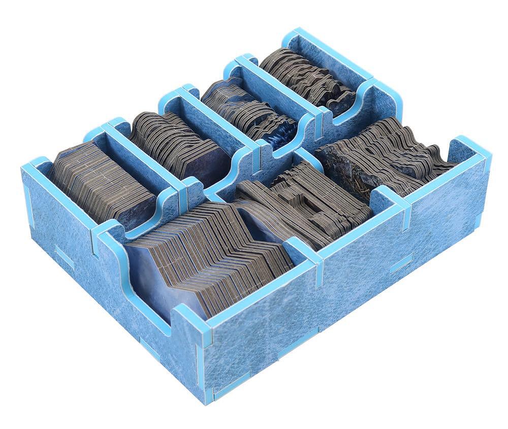 Folded Space Frosthaven board game organizer insert, blue foam with multiple compartments filled with game components