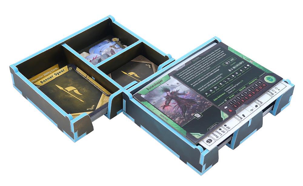 Folded Space Frosthaven Character Dashboard inserts, blue and black foam, organized game pieces and cards