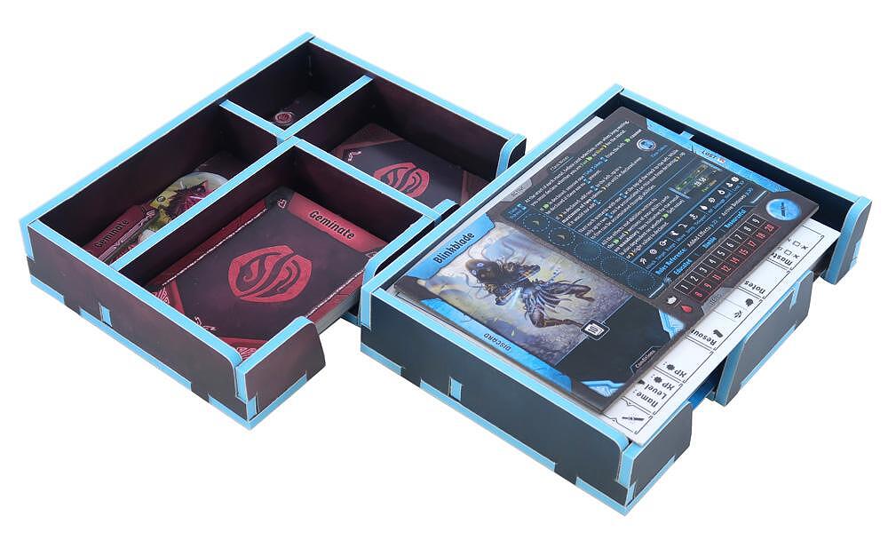 Folded Space game insert for Frosthaven, dark brown and blue with cards