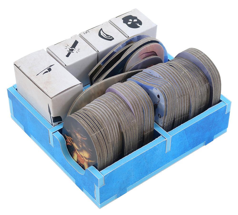 Folded Space Frosthaven game insert, blue organizer tray with tokens and cards