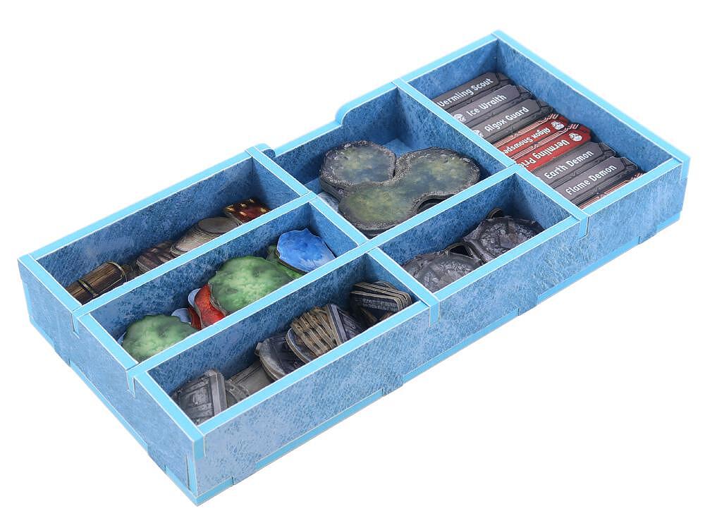 Folded Space game insert for Frosthaven foam with multiple compartments holding tokens and monster standees