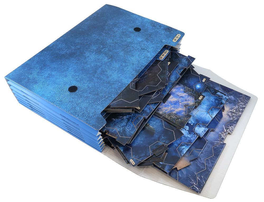 Top-down view of Folded Space insert for Frosthaven Map Archive showing organized compartments