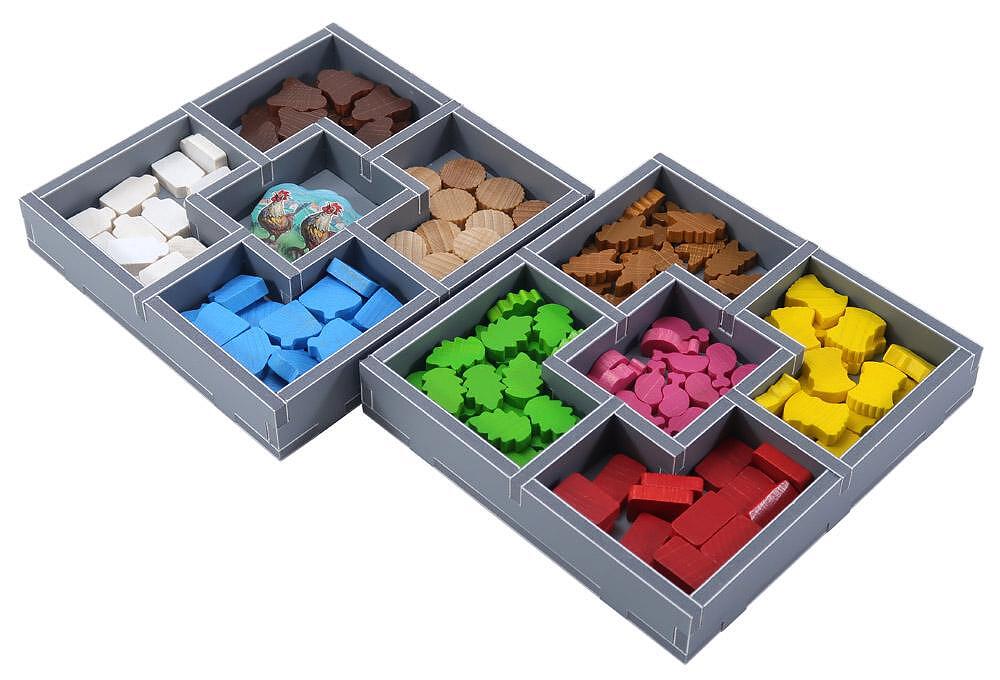 Organizer for Hallertau board game tokens, gray with colorful wood tokens