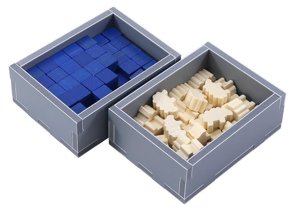 Folded Space Hallertau organizer inserts, blue and off-white pieces in gray boxes