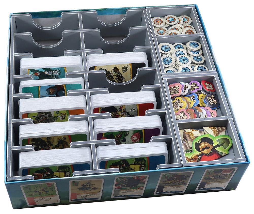 Close-up of Folded Space insert organizer with board game cards and tokens neatly arranged