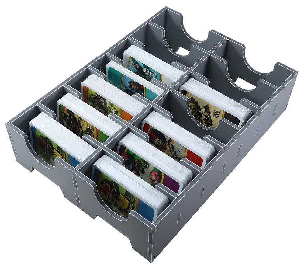 Folded Space organizer for board games showing game pieces sorted by type