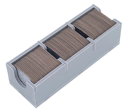 Game components neatly arranged in custom insert sections