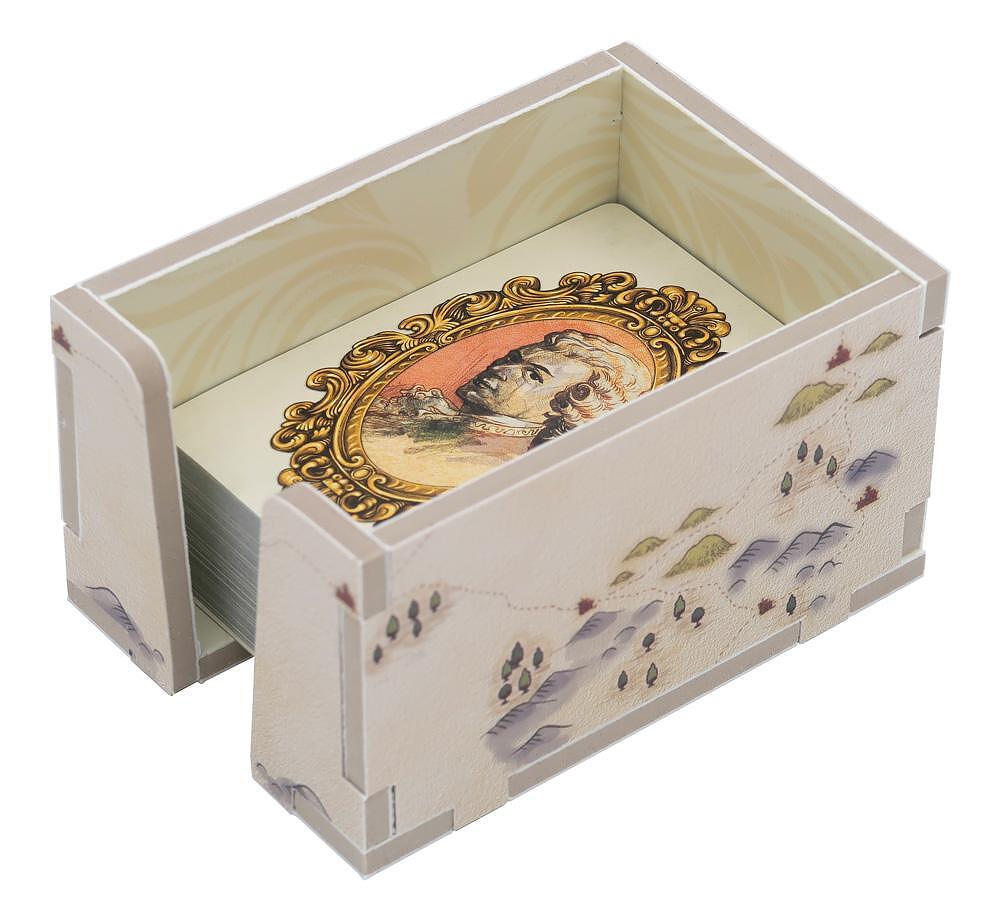 Lacrimosa board game cardholder with ornate portrait card in landscape-map box