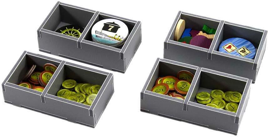 Folded Space Game Inserts for Le Havre close-up of organizer compartments with tokens