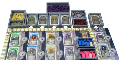 Folded Space insert organizer fully loaded with Lorenzo il Magnifico game pieces inside the box