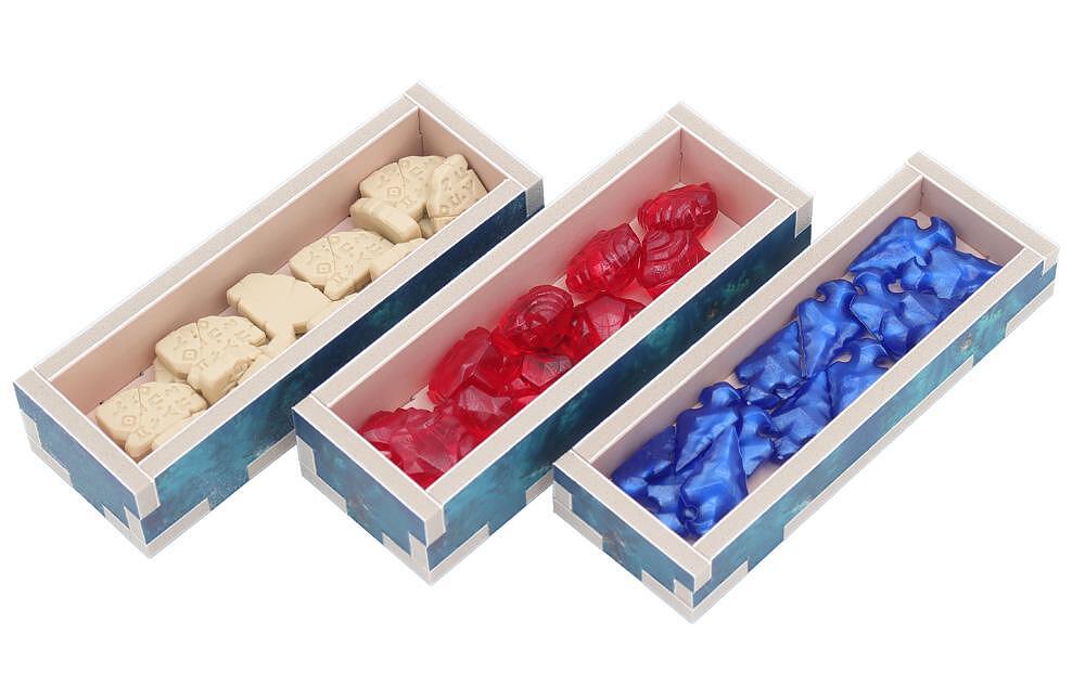 Folded Space insert organizer for Lost Ruins of Arnak, trays with ivory, red, and blue pieces