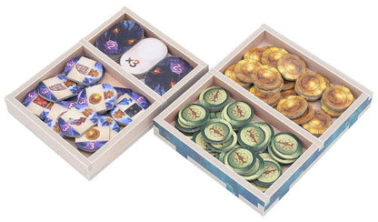 Folded Space organizer for Lost Ruins of Arnak, four sections with tokens and coins