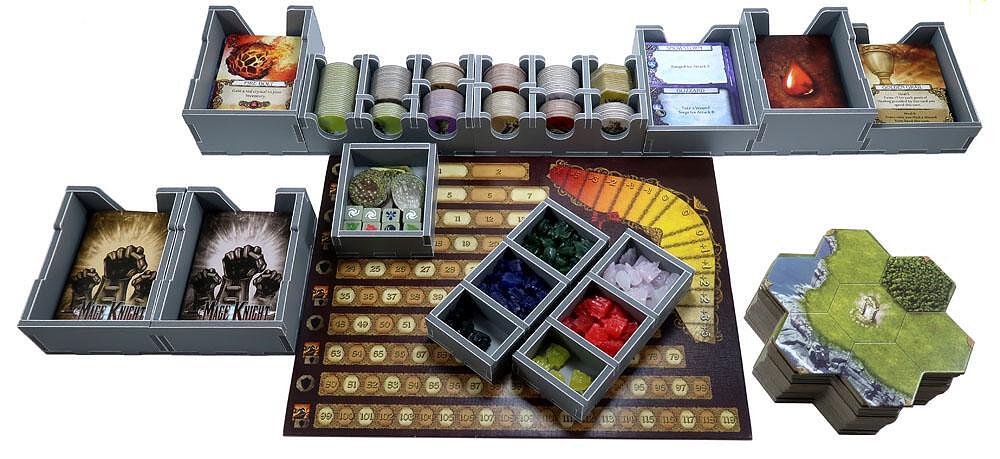 Folded Space Mage Knight game insert open with organized pieces