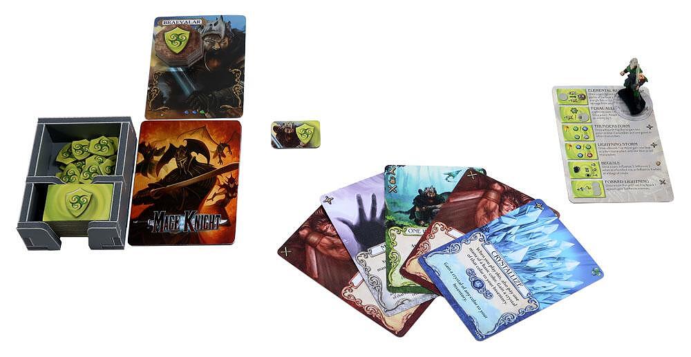 Folded Space Mage Knight game insert with dice, cards, and tokens