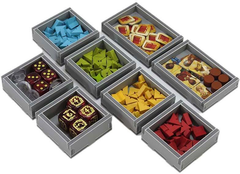 Top-down view of Near and Far game components neatly arranged in Folded Space insert