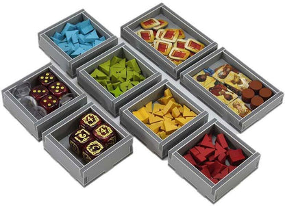 Top-down view of Near and Far game components neatly arranged in Folded Space insert