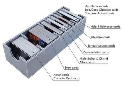 Close-up of tokens and cards arranged inside the organizer