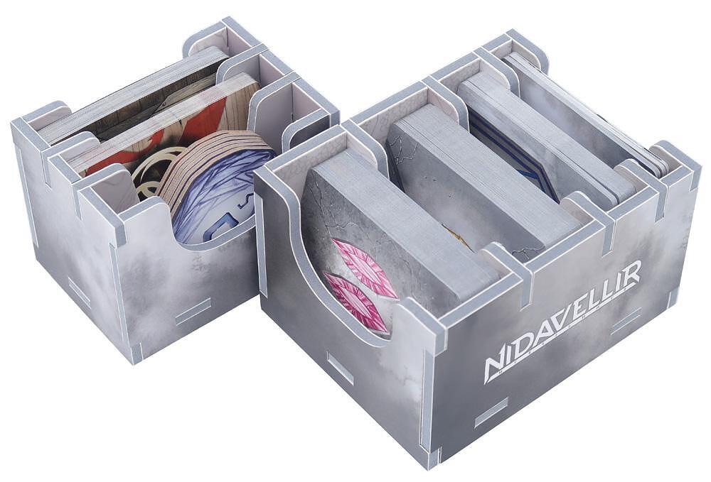 Gray wood board game organizer for Nidavellir cards in two boxes