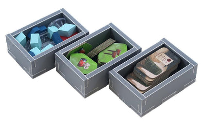 Fully loaded game box with components arranged