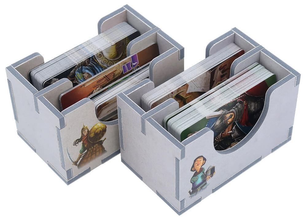 Organizer for Paladins of the West Kingdom cards, white wood grain finish with character art, two sections