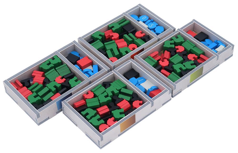 Folded Space organizer for Paladins of the West Kingdom box, multiple compartments filled with game pieces