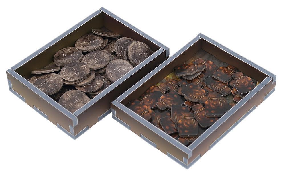 Folded Space organizer insert for Paladins of the West Kingdom Collector&#39;s Box, close-up of various compartments