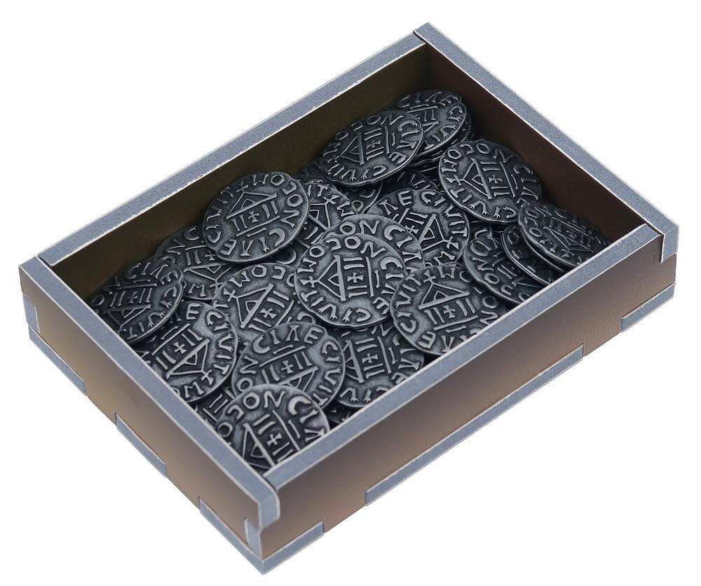 Folded Space organizer insert for Paladins of the West Kingdom Collector&#39;s Box, showing detailed compartments filled with game pieces
