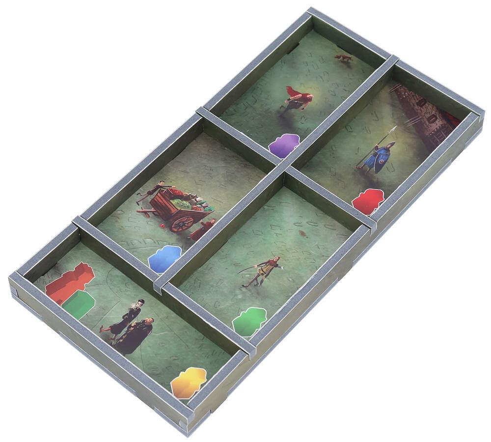 Folded Space organizer insert for Paladins of the West Kingdom Collector&#39;s Box, top-down view of game components inside