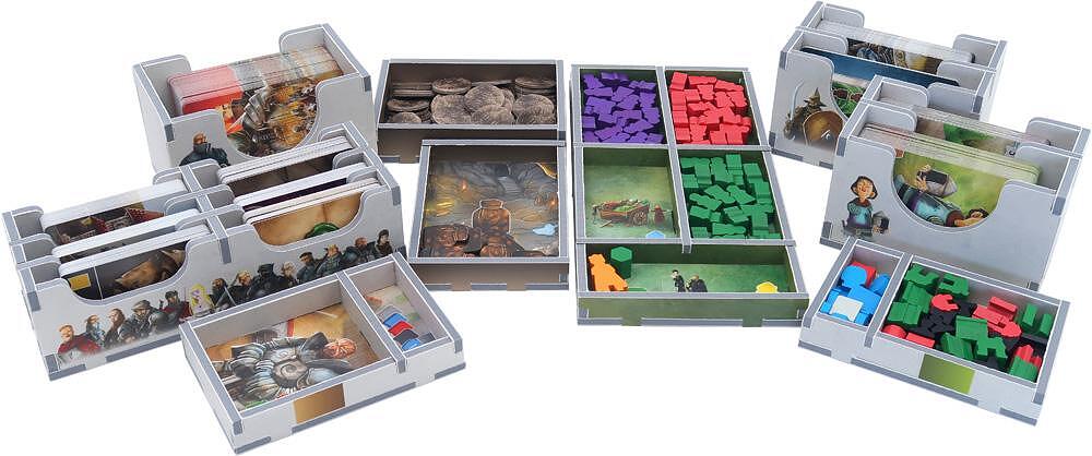 Folded Space organizer insert for Paladins of the West Kingdom Collector&#39;s Box, close-up on cards and tokens in storage slots